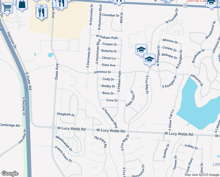 map of restaurants, bars, coffee shops, grocery stores, and more near 1603 Beau Drive in Raymore
