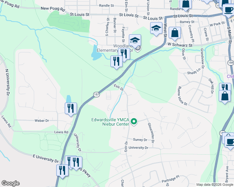 map of restaurants, bars, coffee shops, grocery stores, and more near 803 Lancashire Drive in Edwardsville