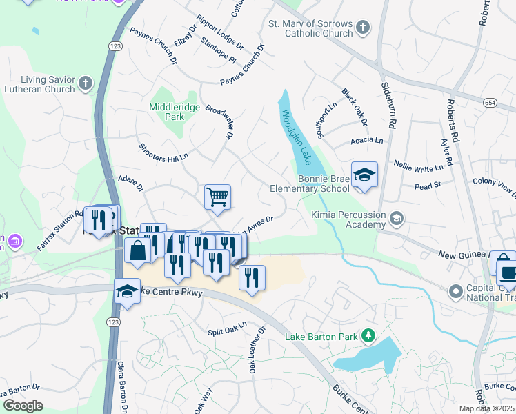 map of restaurants, bars, coffee shops, grocery stores, and more near 5512 Yellow Rail Court in Fairfax