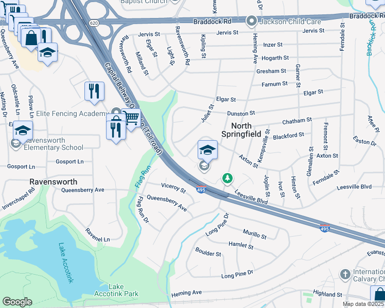 map of restaurants, bars, coffee shops, grocery stores, and more near 7527 Axton Street in Springfield