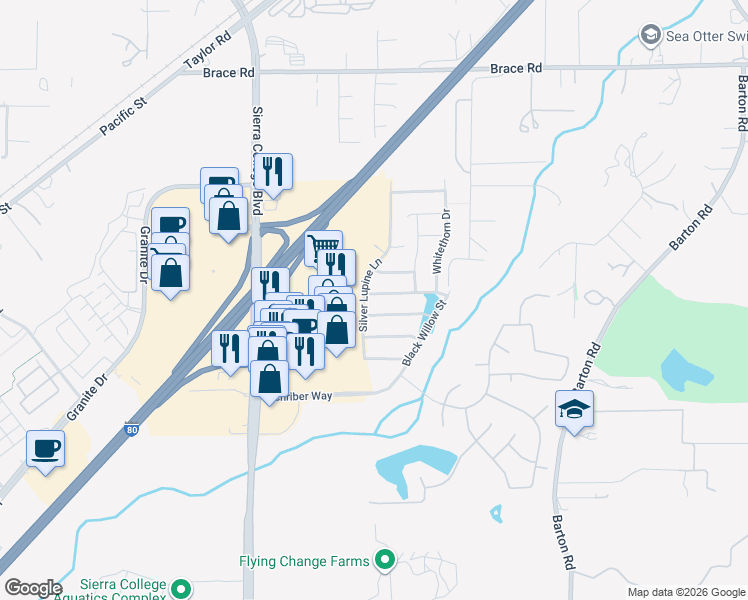 map of restaurants, bars, coffee shops, grocery stores, and more near 5706 Desert Mallow Street in Rocklin