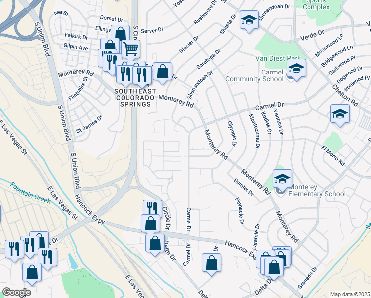map of restaurants, bars, coffee shops, grocery stores, and more near 2760 Scotchbroom Point in Colorado Springs