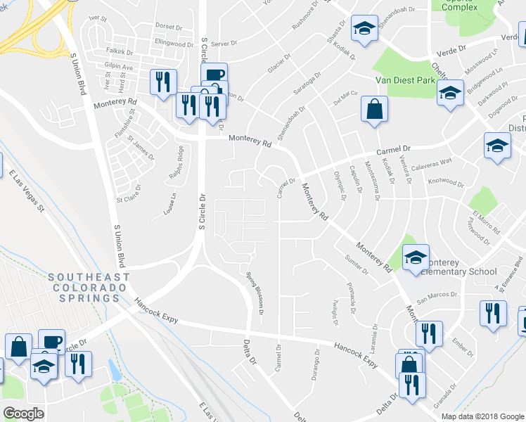 map of restaurants, bars, coffee shops, grocery stores, and more near 2760 Scotchbroom Point in Colorado Springs