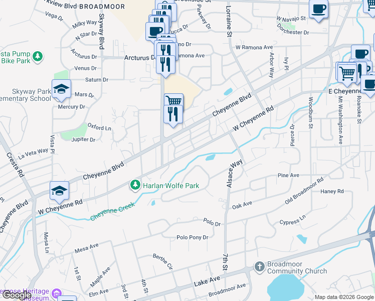 map of restaurants, bars, coffee shops, grocery stores, and more near 540 North Bear Paw Lane in Colorado Springs