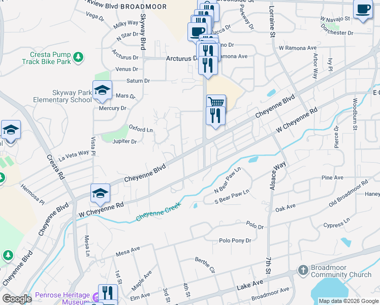 map of restaurants, bars, coffee shops, grocery stores, and more near 19 Wolfe Avenue in Colorado Springs