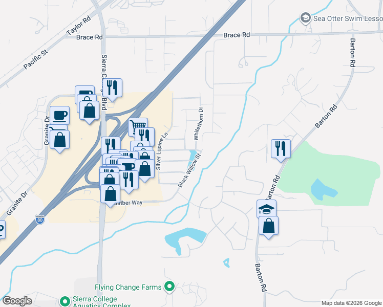 map of restaurants, bars, coffee shops, grocery stores, and more near 5722 Desert Mallow Street in Rocklin