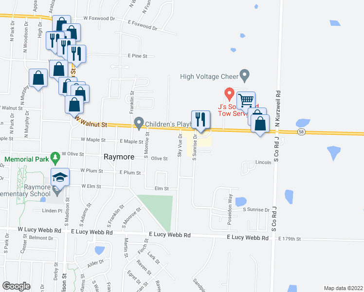 map of restaurants, bars, coffee shops, grocery stores, and more near 300 Sky Vue Drive in Raymore