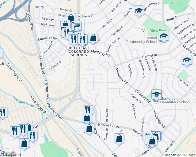 map of restaurants, bars, coffee shops, grocery stores, and more near 2722 Tumblewood Grove in Colorado Springs