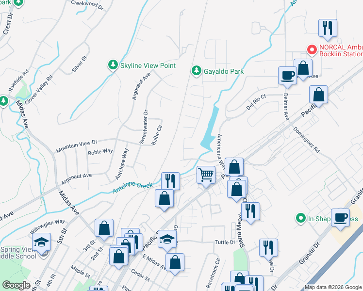 map of restaurants, bars, coffee shops, grocery stores, and more near 4056 Aitken Dairy Road in Rocklin