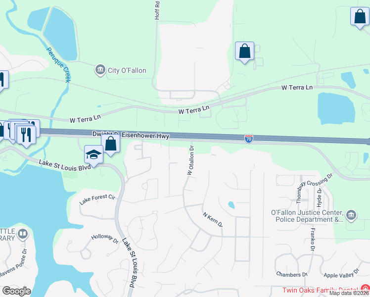 map of restaurants, bars, coffee shops, grocery stores, and more near 53 West Ofallon Drive in O'Fallon