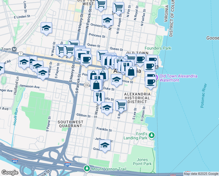 map of restaurants, bars, coffee shops, grocery stores, and more near 523 Duke Street in Alexandria