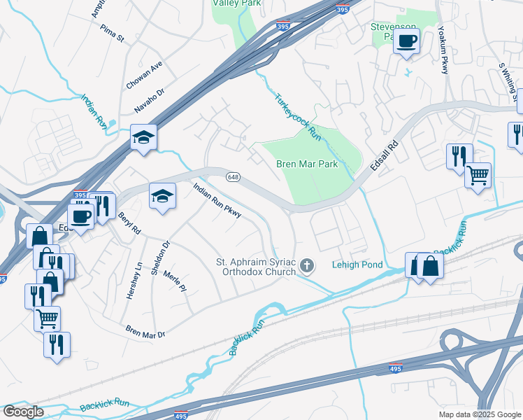 map of restaurants, bars, coffee shops, grocery stores, and more near 6304 Indian Run Parkway in Alexandria