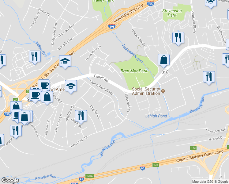 map of restaurants, bars, coffee shops, grocery stores, and more near 6304 Indian Run Parkway in Alexandria
