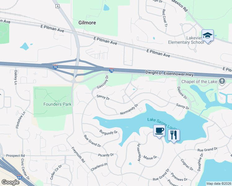 map of restaurants, bars, coffee shops, grocery stores, and more near 2706 Savoy Drive in Lake Saint Louis