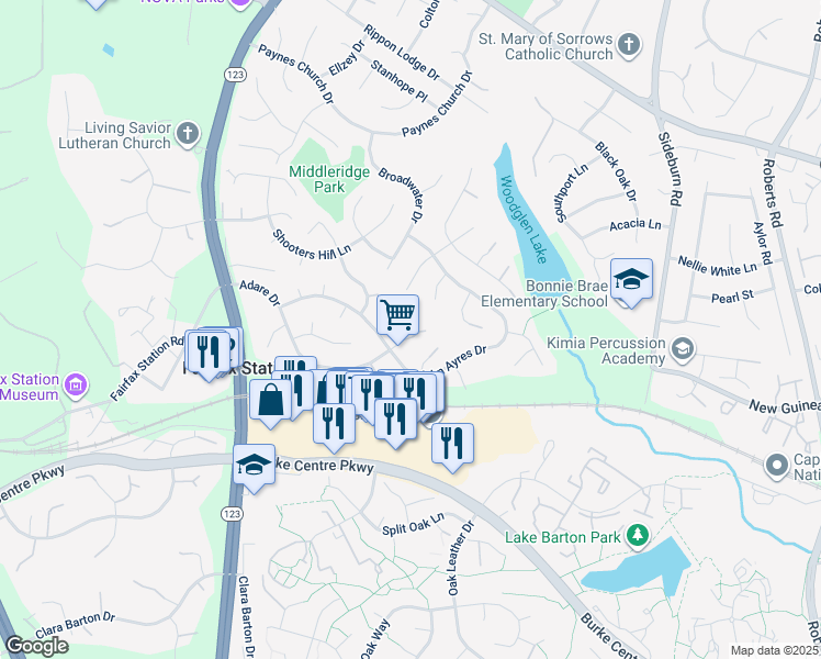 map of restaurants, bars, coffee shops, grocery stores, and more near 10802 Adare Drive in Fairfax