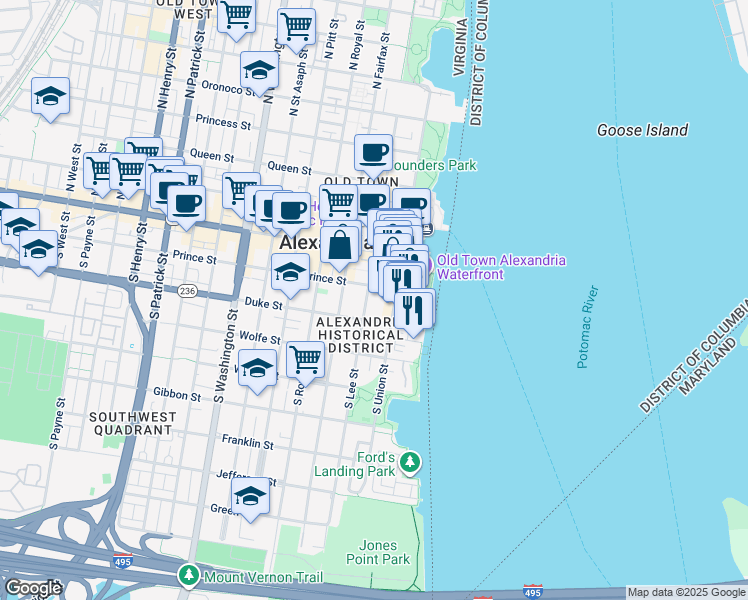 map of restaurants, bars, coffee shops, grocery stores, and more near 214 South Lee Street in Alexandria