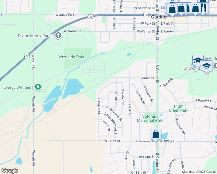 map of restaurants, bars, coffee shops, grocery stores, and more near 523 South Poplar Street in Gardner