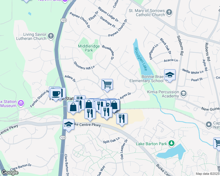 map of restaurants, bars, coffee shops, grocery stores, and more near 10802 Adare Drive in Fairfax