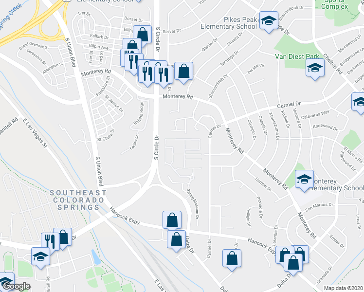 map of restaurants, bars, coffee shops, grocery stores, and more near 2038 Creekridge Point in Colorado Springs