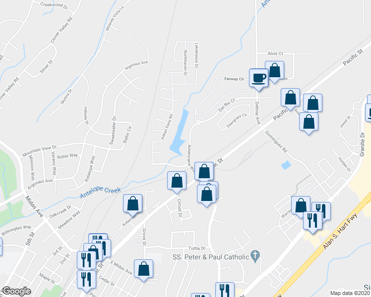 map of restaurants, bars, coffee shops, grocery stores, and more near 4252 Americana Way in Rocklin