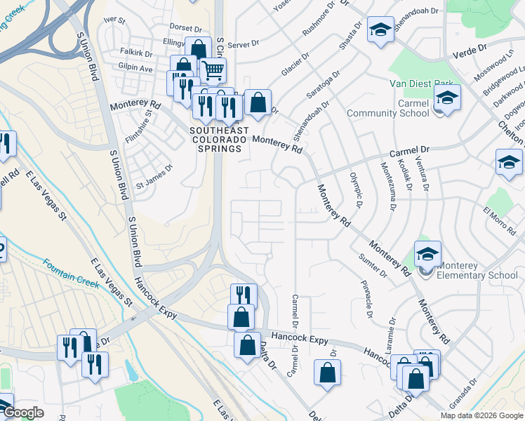 map of restaurants, bars, coffee shops, grocery stores, and more near 2062 Copper Creek Drive in Colorado Springs