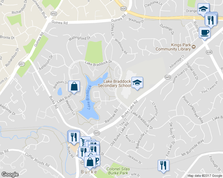 map of restaurants, bars, coffee shops, grocery stores, and more near 5438 Brixham Court in Burke