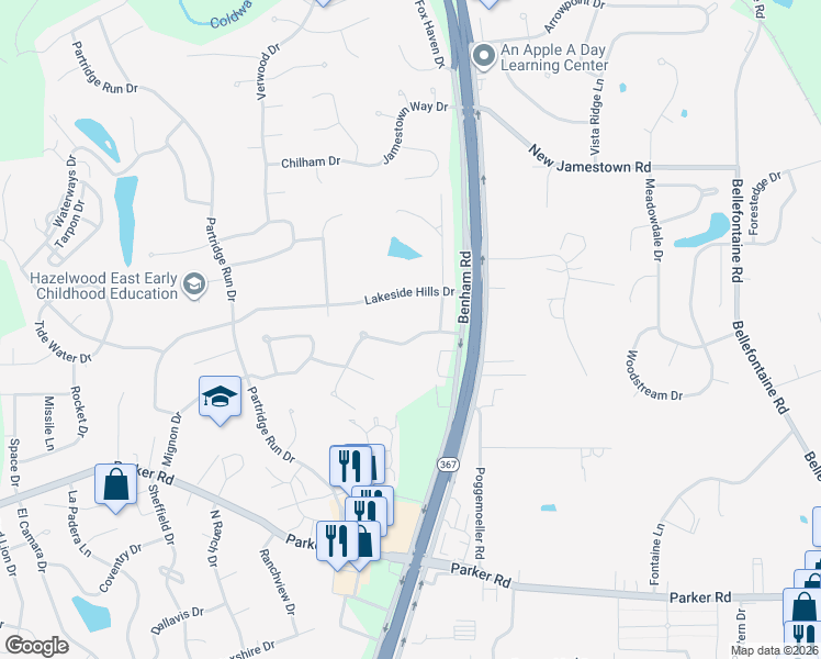 map of restaurants, bars, coffee shops, grocery stores, and more near 6950 Lakeside Hills Drive in Florissant