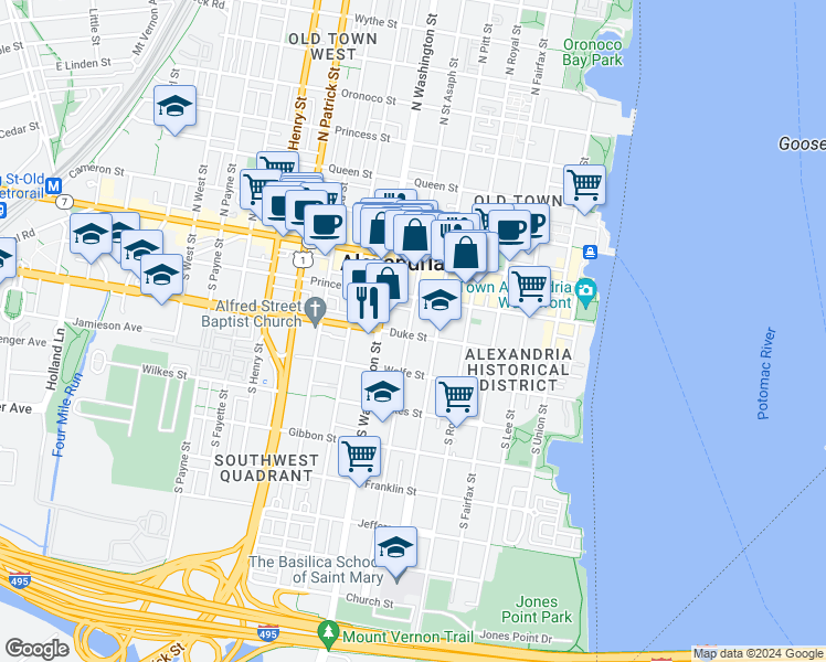 map of restaurants, bars, coffee shops, grocery stores, and more near 523 Duke Street in Alexandria