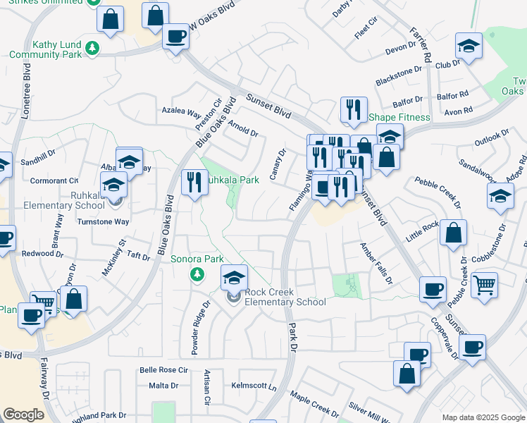 map of restaurants, bars, coffee shops, grocery stores, and more near 6321 Bluebill Court in Rocklin