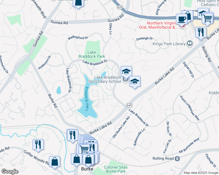map of restaurants, bars, coffee shops, grocery stores, and more near 5438 Brixham Court in Burke
