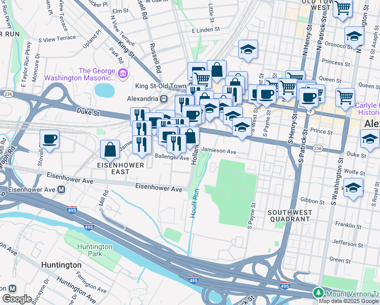map of restaurants, bars, coffee shops, grocery stores, and more near 401 Holland Lane in Alexandria