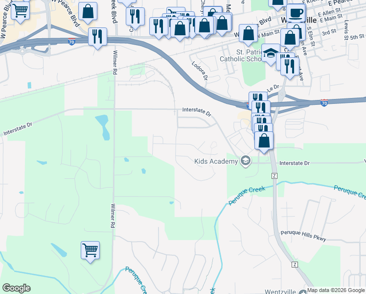 map of restaurants, bars, coffee shops, grocery stores, and more near 404 Ramblewood Way in Wentzville