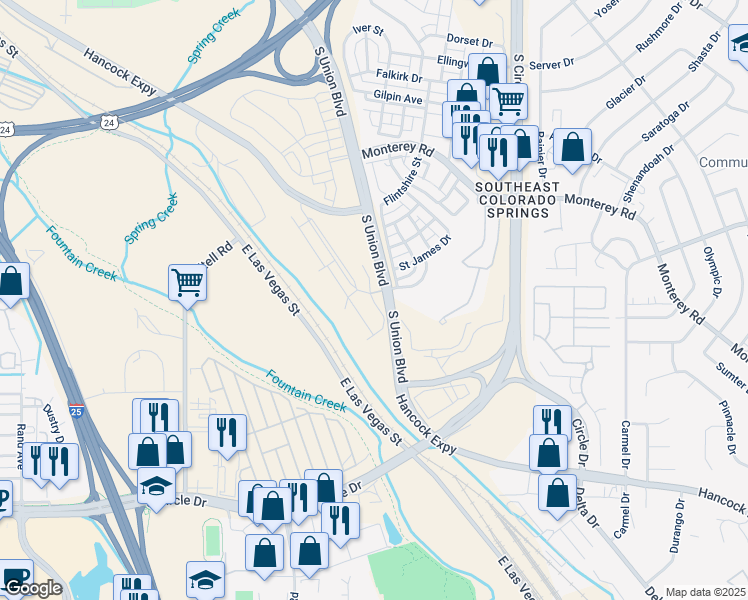 map of restaurants, bars, coffee shops, grocery stores, and more near 2142 Birmingham Loop in Colorado Springs