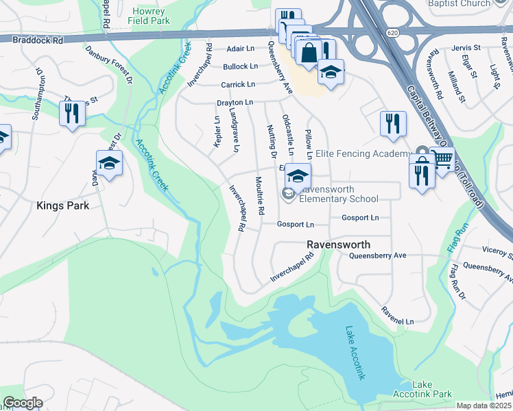 map of restaurants, bars, coffee shops, grocery stores, and more near 5413 Moultrie Road in Springfield