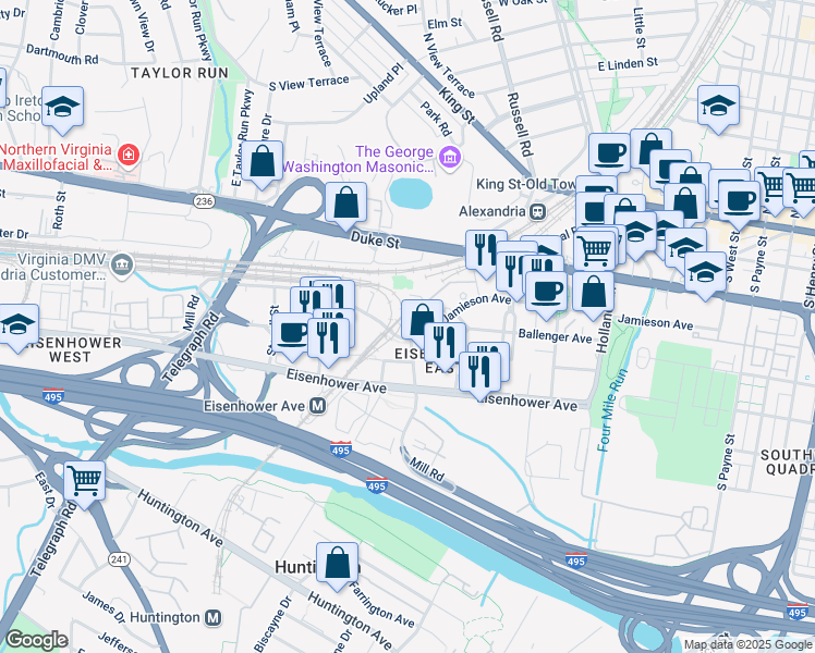 map of restaurants, bars, coffee shops, grocery stores, and more near 2345 Mill Road in Alexandria