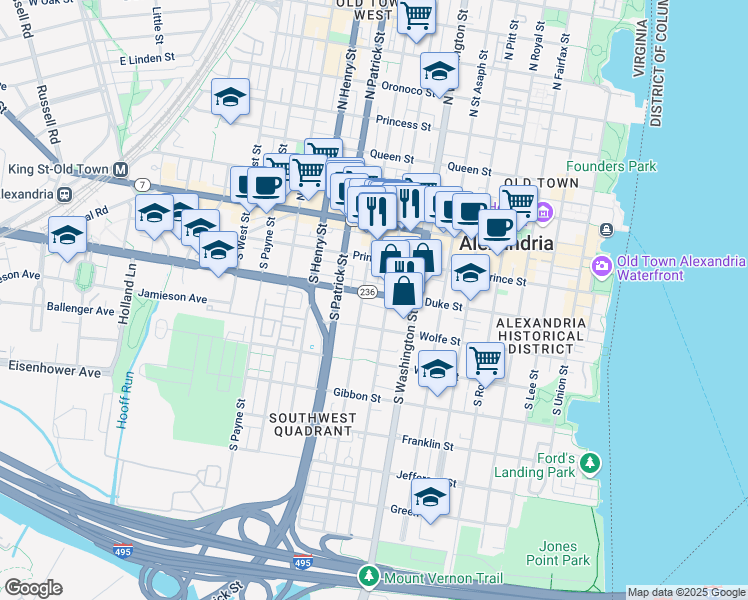 map of restaurants, bars, coffee shops, grocery stores, and more near 814 Duke Street in Alexandria