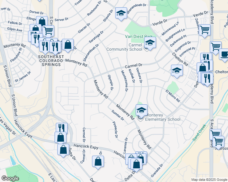 map of restaurants, bars, coffee shops, grocery stores, and more near 1928 Olympic Drive in Colorado Springs
