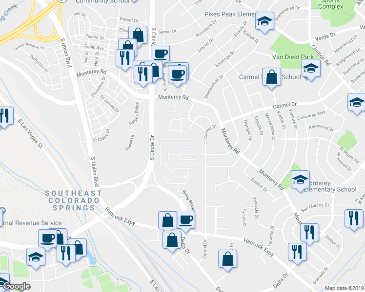 map of restaurants, bars, coffee shops, grocery stores, and more near 2062 Copper Creek Drive in Colorado Springs