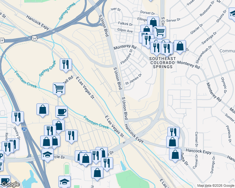 map of restaurants, bars, coffee shops, grocery stores, and more near 2142 Birmingham Loop in Colorado Springs