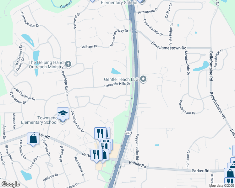 map of restaurants, bars, coffee shops, grocery stores, and more near 6950 Lakeside Hills Drive in Florissant