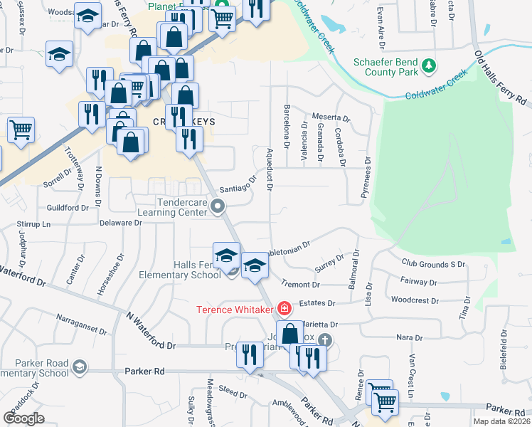 map of restaurants, bars, coffee shops, grocery stores, and more near 1855 Aqueduct Drive in Florissant