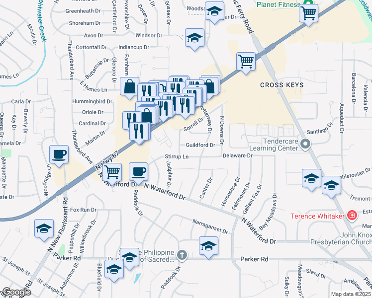 map of restaurants, bars, coffee shops, grocery stores, and more near 1840 Banstead Drive in Florissant