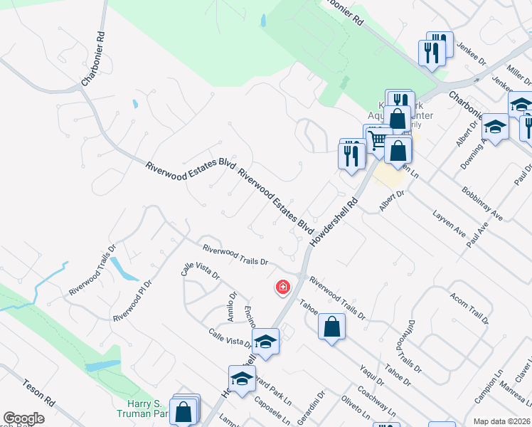 map of restaurants, bars, coffee shops, grocery stores, and more near 16 Riverwood Estates Boulevard in Florissant