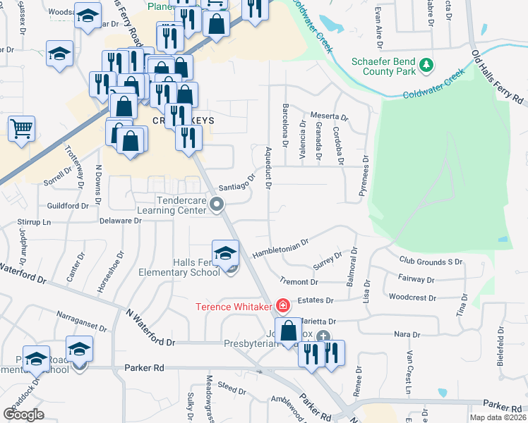 map of restaurants, bars, coffee shops, grocery stores, and more near 1855 Aqueduct Drive in Florissant