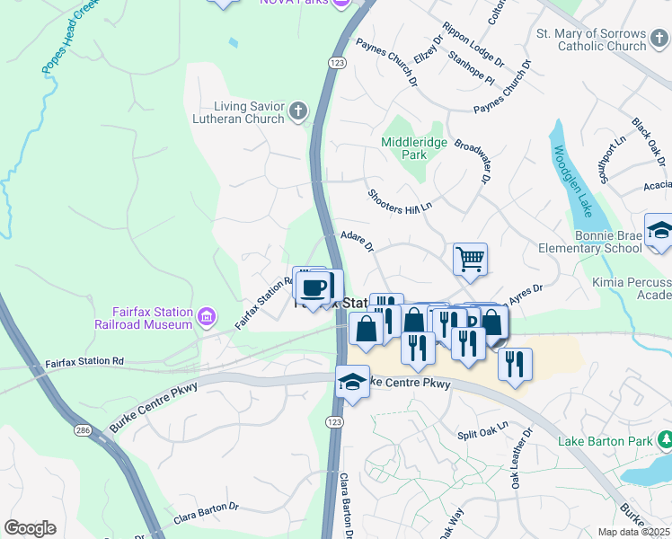 map of restaurants, bars, coffee shops, grocery stores, and more near in Fairfax Station