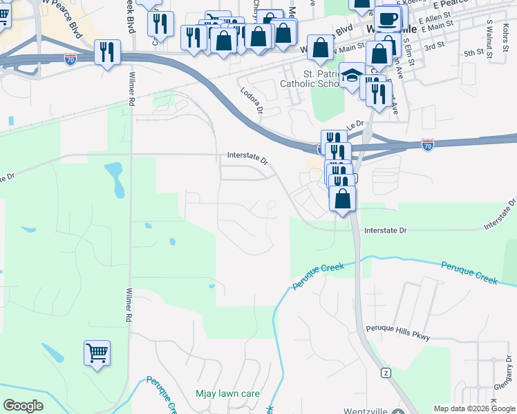 map of restaurants, bars, coffee shops, grocery stores, and more near 23 Ramblewood Court in Wentzville