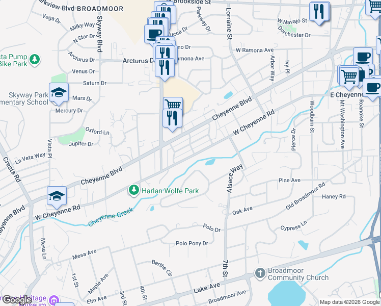 map of restaurants, bars, coffee shops, grocery stores, and more near 525 3 Eagles Avenue in Colorado Springs