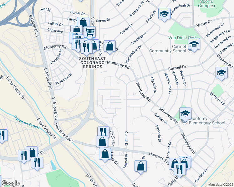 map of restaurants, bars, coffee shops, grocery stores, and more near 2866 Tumblewood Grove in Colorado Springs
