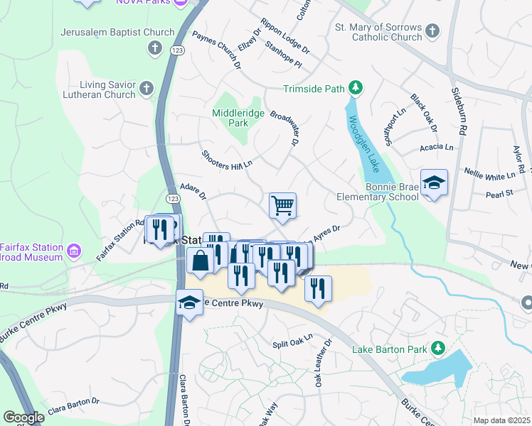 map of restaurants, bars, coffee shops, grocery stores, and more near 10610 John Ayres Drive in Fairfax