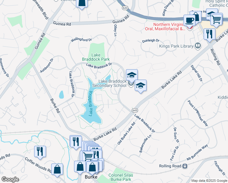 map of restaurants, bars, coffee shops, grocery stores, and more near 5436 Brixham Court in Burke